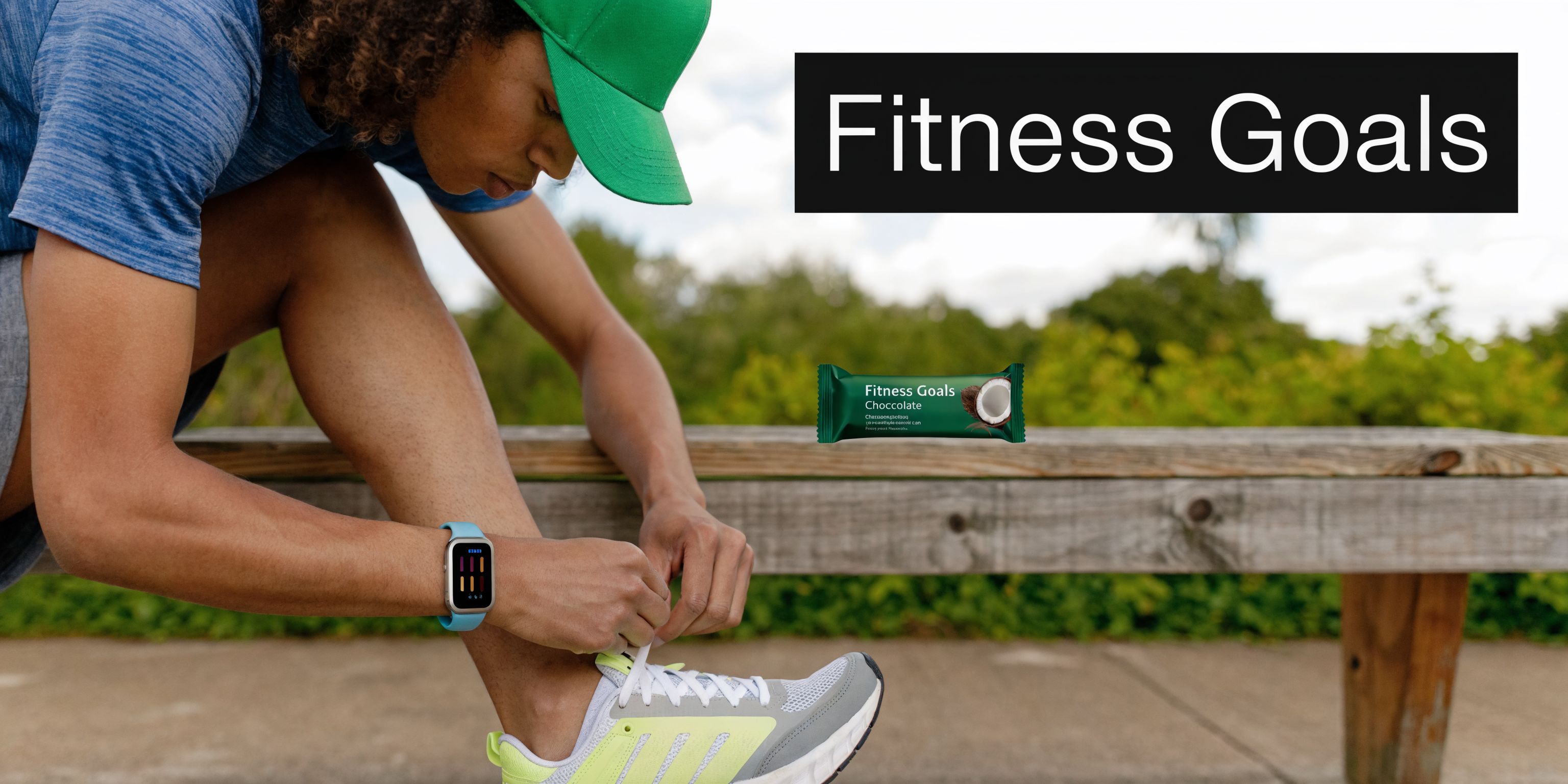 A fit person tying their shoelaces on a park bench next to a coconut and chocolate protein bar.