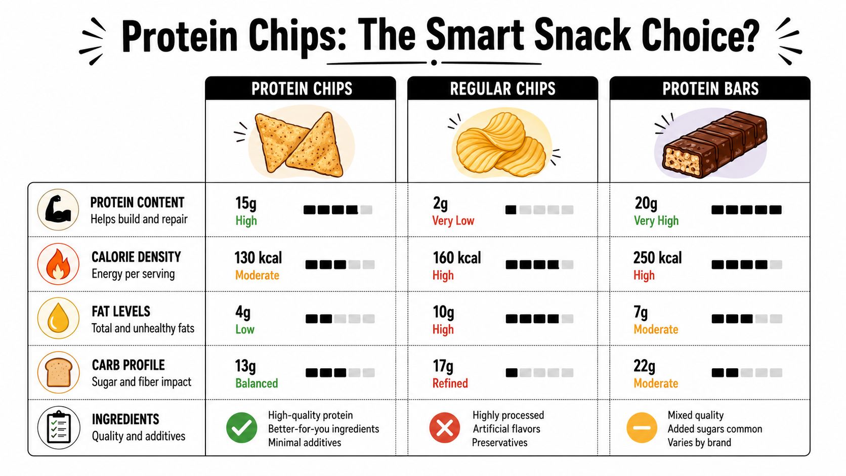 A nutritional comparison chart showing protein content, calories, fats, carbs, and ingredients for protein chips, regular chips, and protein bars.