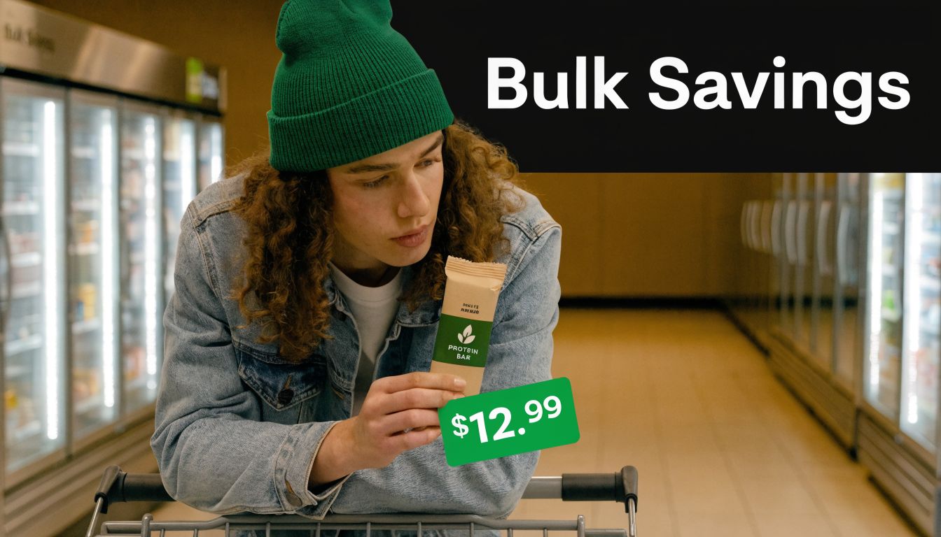 A person with curly hair and a green beanie examining a protein bar in a grocery store.