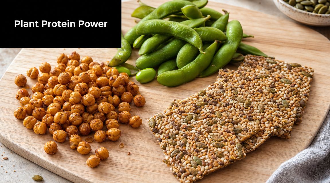 A wooden board displaying roasted chickpeas, edamame, and seed crackers for a plant-based healthy protein snack.