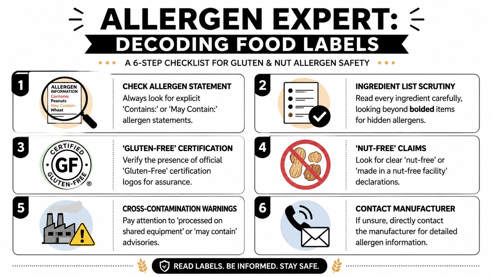 A six-step checklist infographic titled Allergen Expert explaining how to decode food labels for gluten and nut safety.