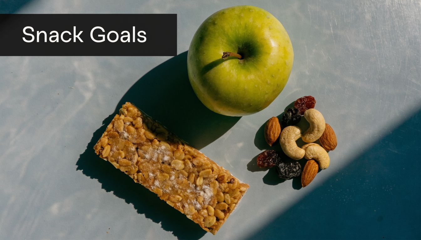 A healthy snack consisting of a granola bar, a green apple, and a small pile of nuts.