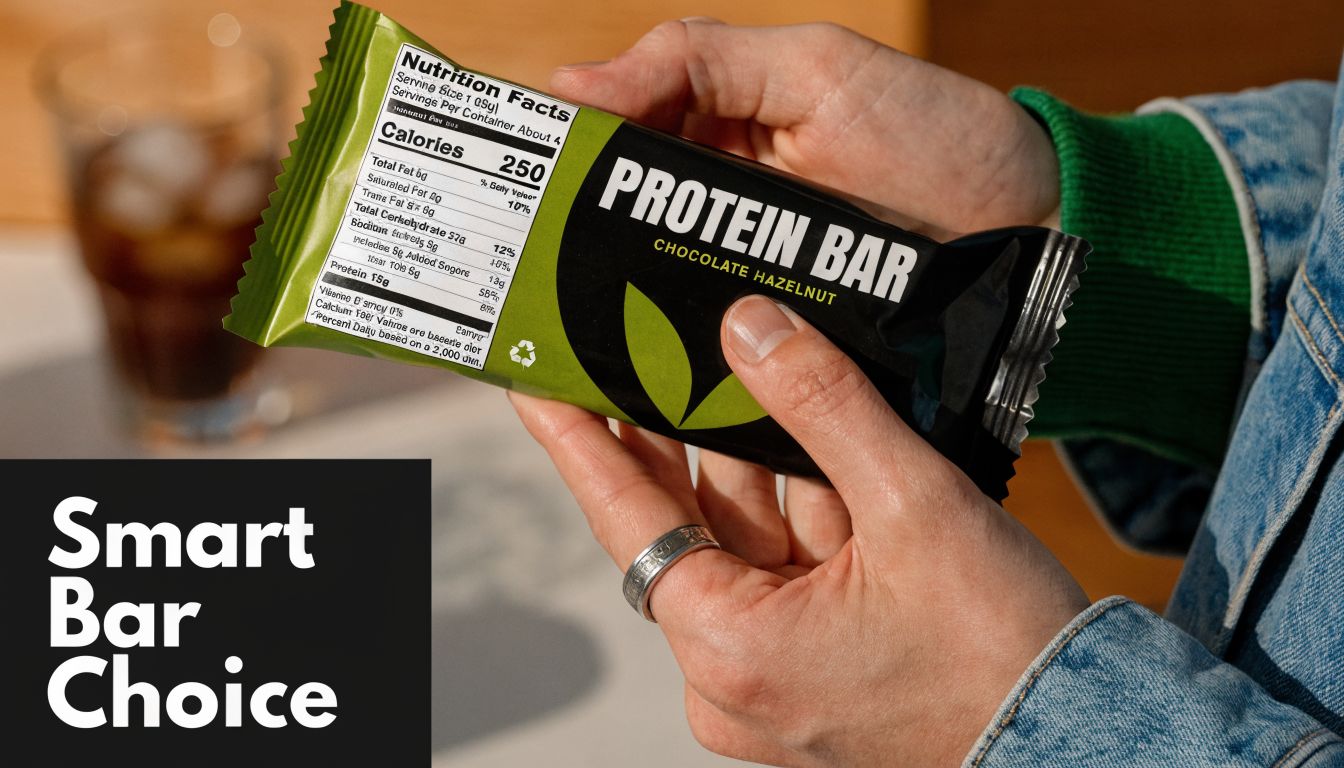 A person holding a chocolate hazelnut protein bar package with visible nutrition facts in their hands.