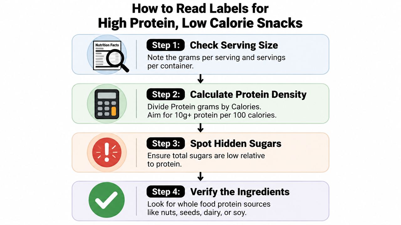 A four-step infographic guide on how to identify and read labels for healthy high-protein low-calorie snacks.