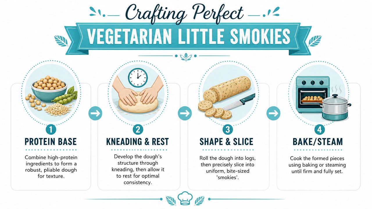A four-step infographic showing how to craft perfect vegetarian little smokies, from protein base to cooking.