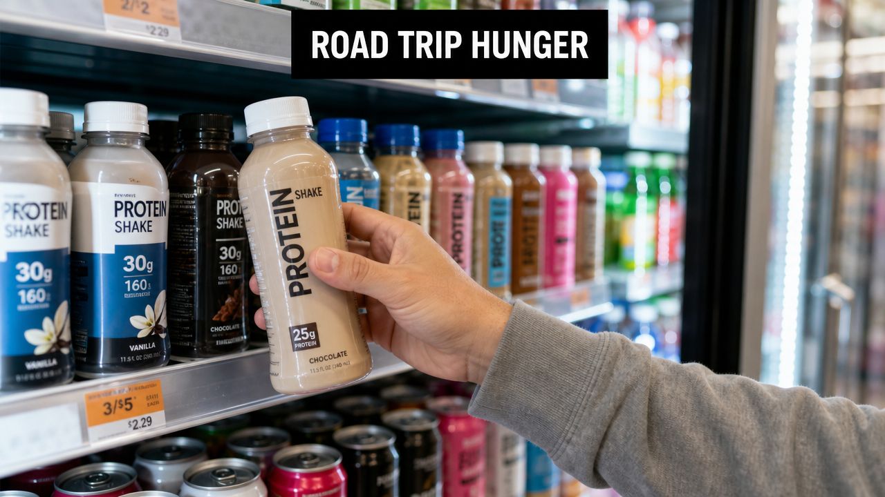 A person's hand reaches for a chocolate protein shake on a shelf in a store.