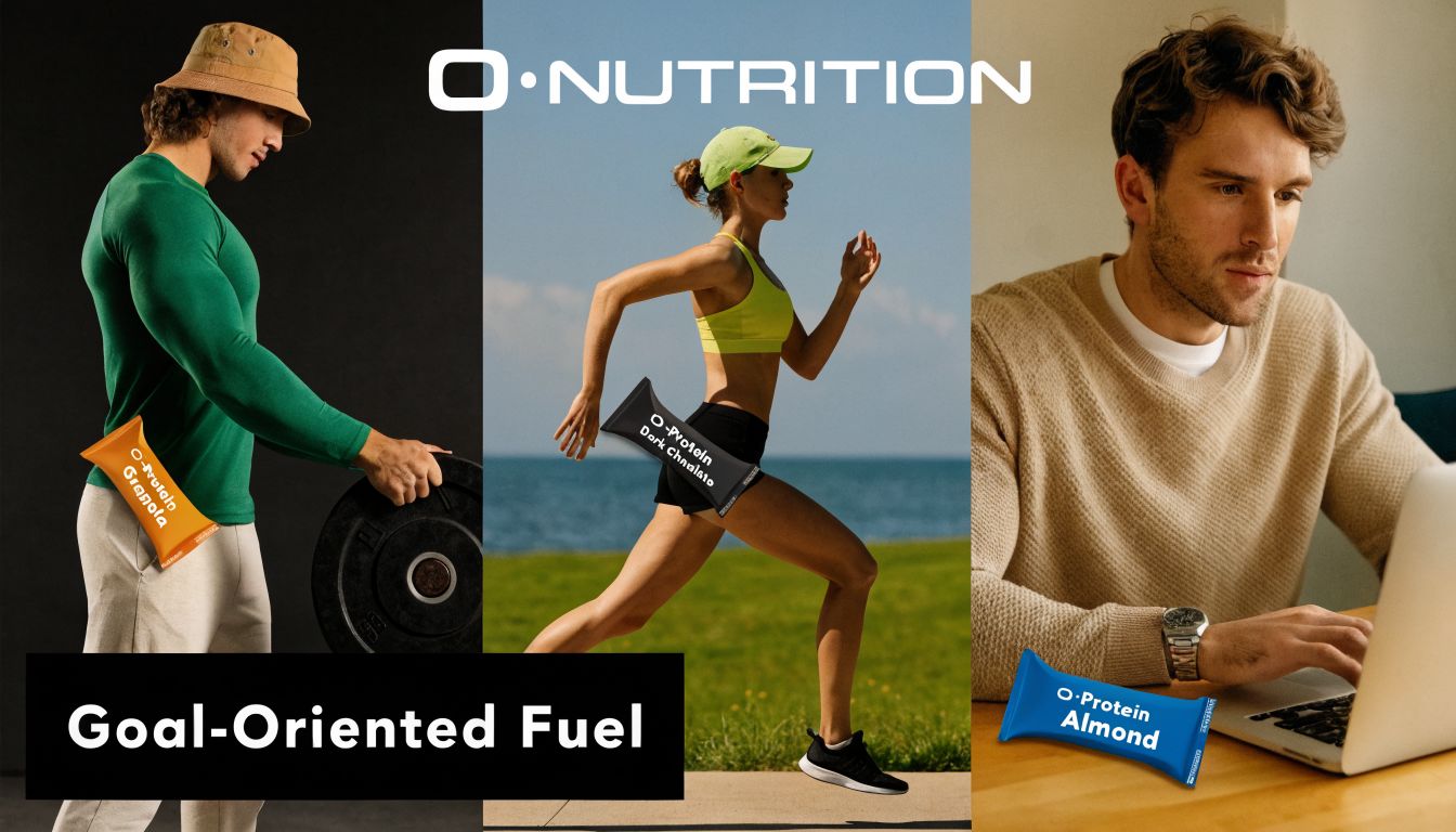 Three people incorporating 20g protein bars into their active lifestyles, featuring gym, running, and office settings.