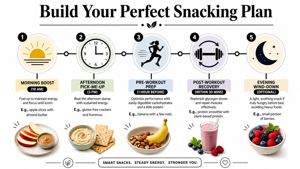 An infographic titled Build Your Perfect Snacking Plan, showing five recommended snack times and healthy food examples.
