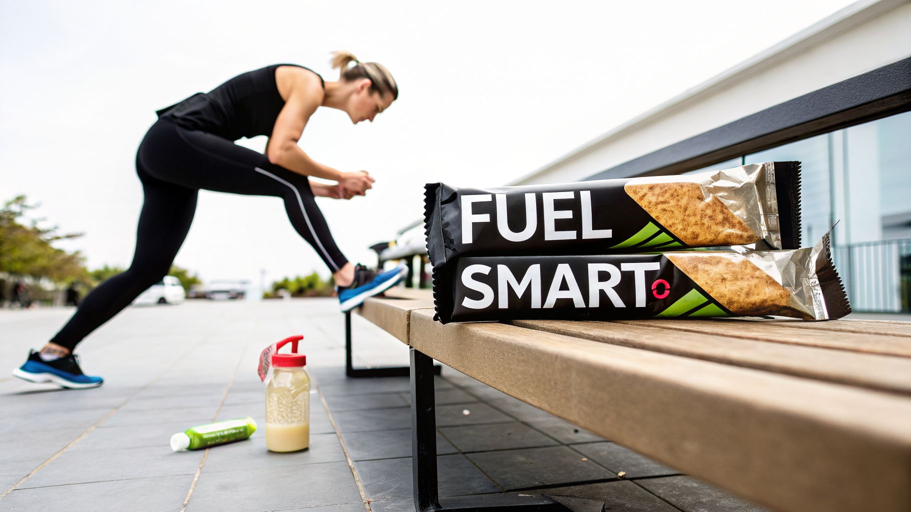 An athlete stretches while two 'FUEL SMART' protein bars rest on a wooden bench nearby.