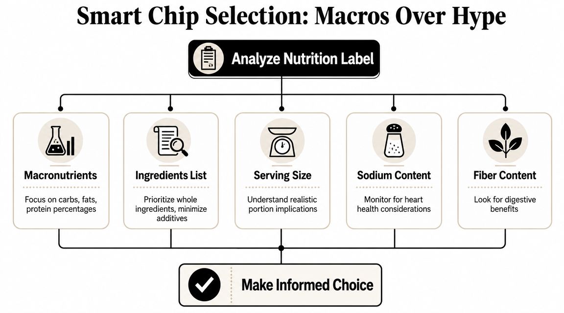 An infographic flowchart demonstrating how to analyze nutrition labels when selecting healthy snack chips effectively.