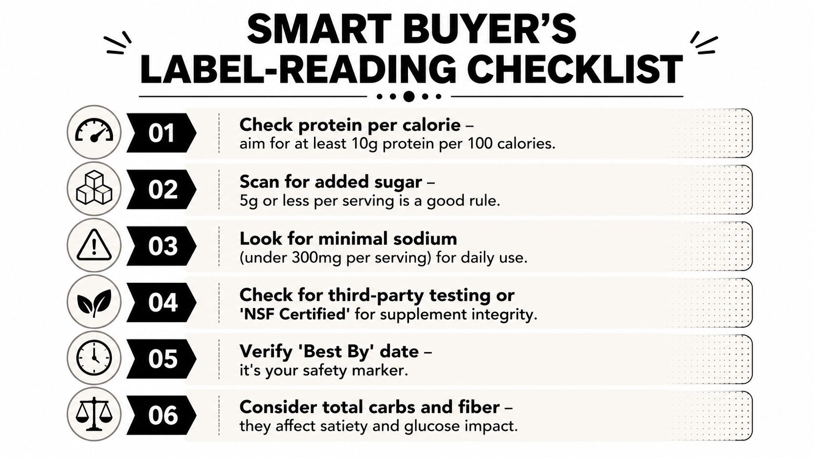 A checklist infographic titled Smart Buyer's Label-Reading Checklist featuring six tips for evaluating food product labels.