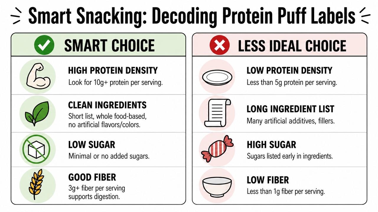 An infographic titled Smart Snacking comparing features of healthy versus unhealthy protein puffs for better food choices.