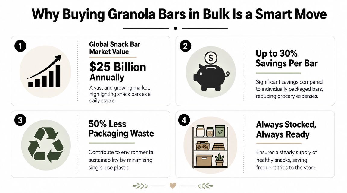 An infographic detailing four key benefits of purchasing granola bars in bulk for consumers.
