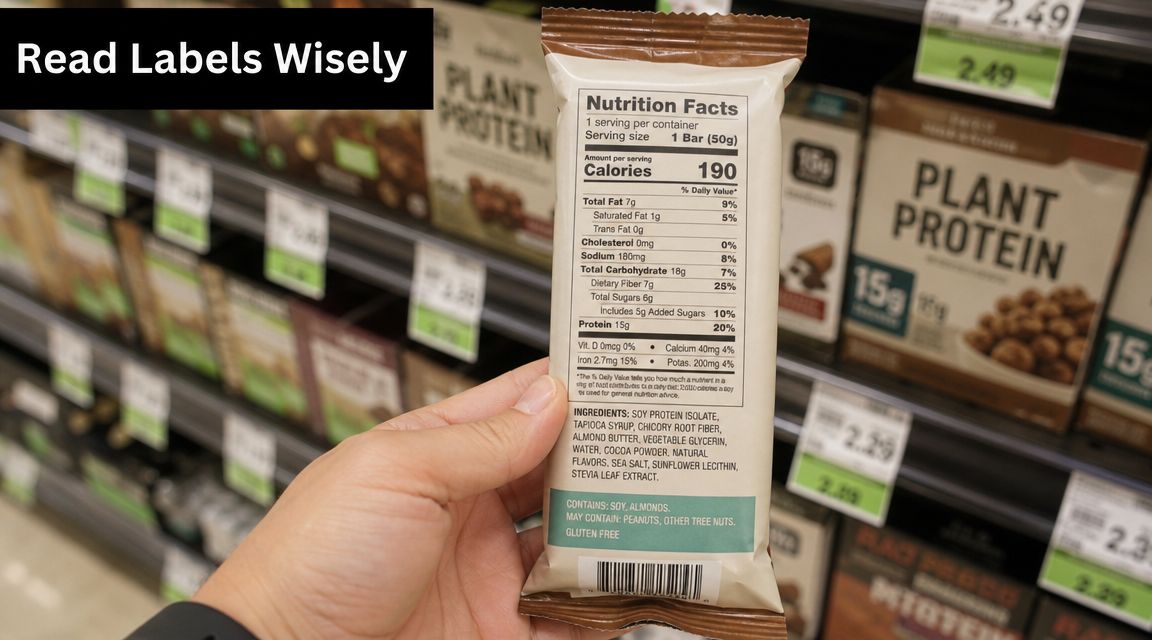 A hand holds a protein bar packaging focusing on the nutrition facts and ingredients label for consumer information.