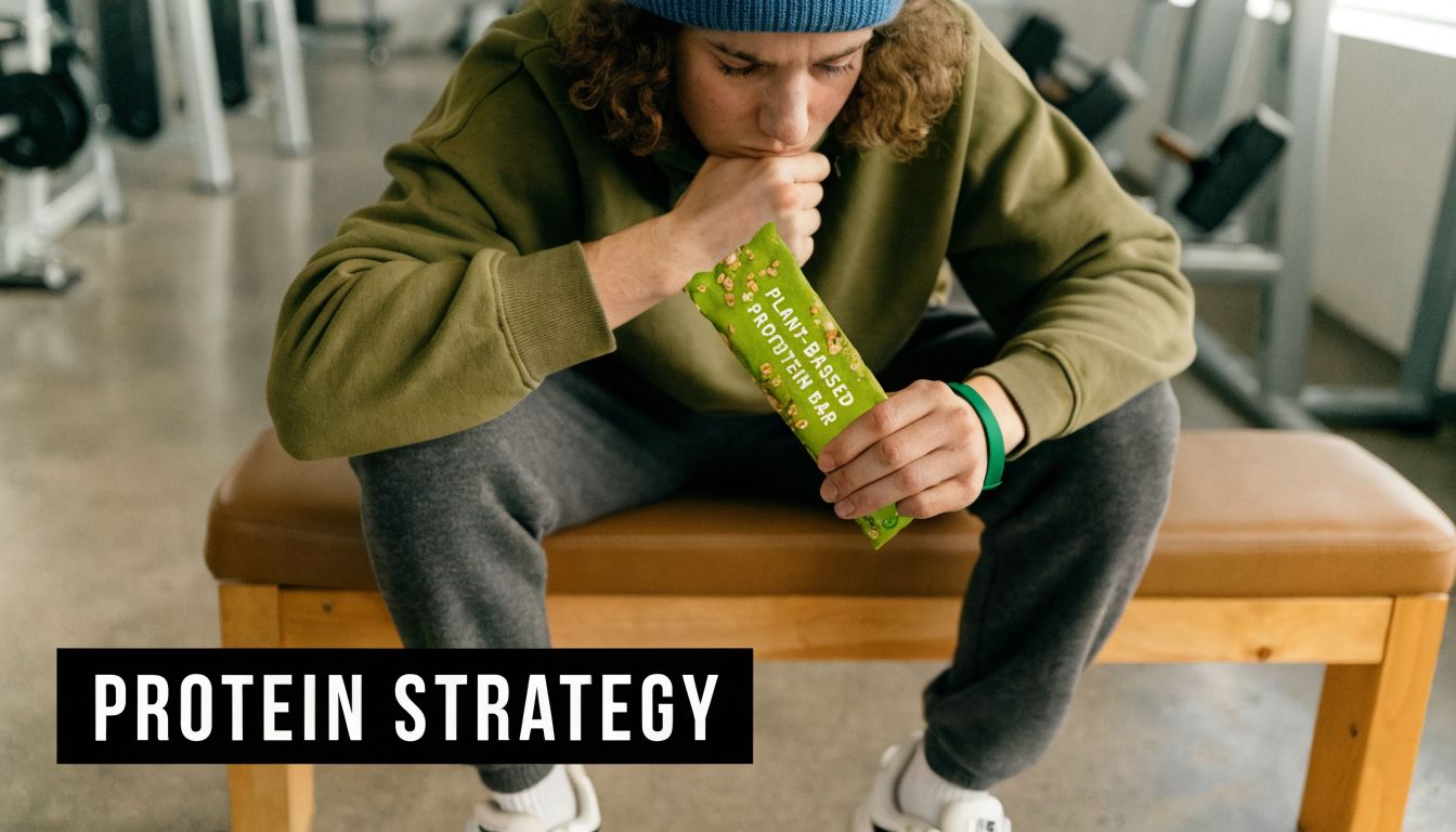 A young person sitting on a bench in a gym holding a green plant-based protein bar.