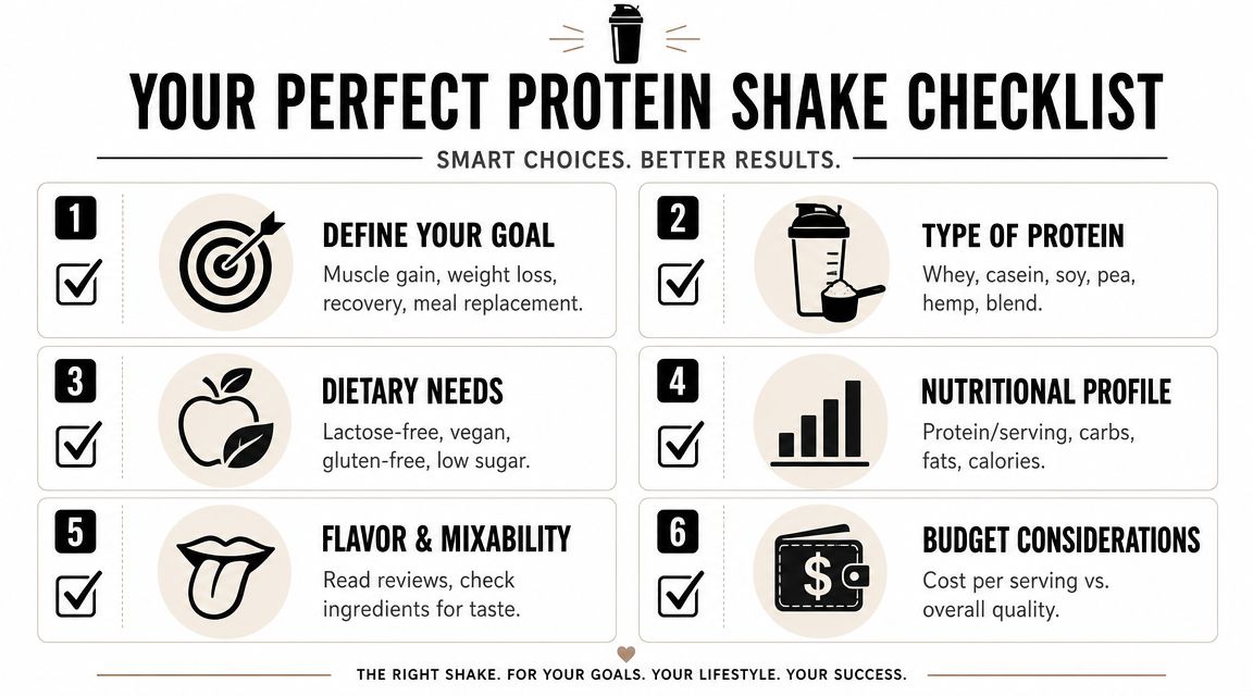 A checklist infographic titled Your Perfect Protein Shake Checklist detailing six essential steps for choosing protein powders.