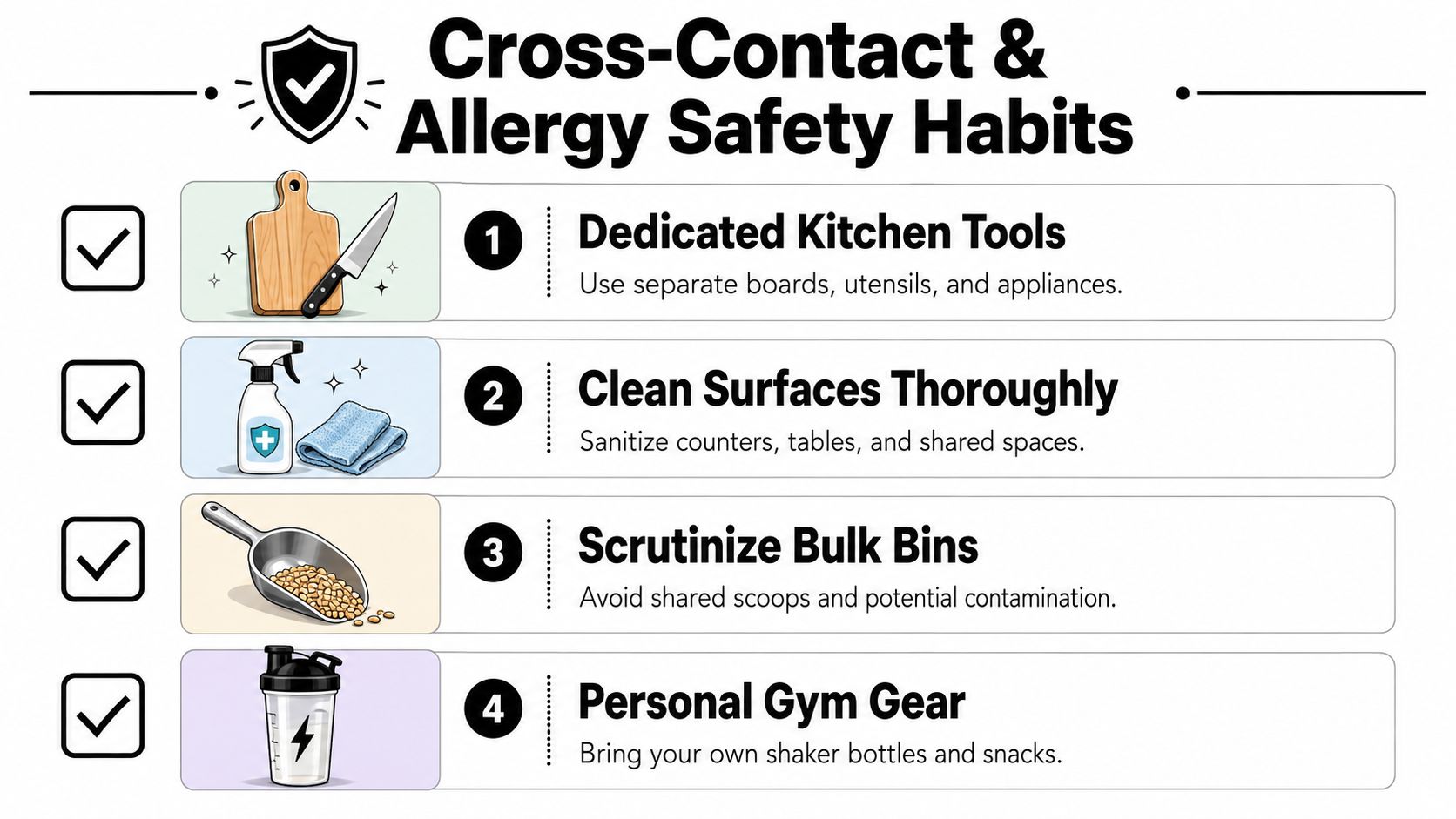 A safety infographic highlighting four habits to prevent cross-contact and manage food allergies in daily life.