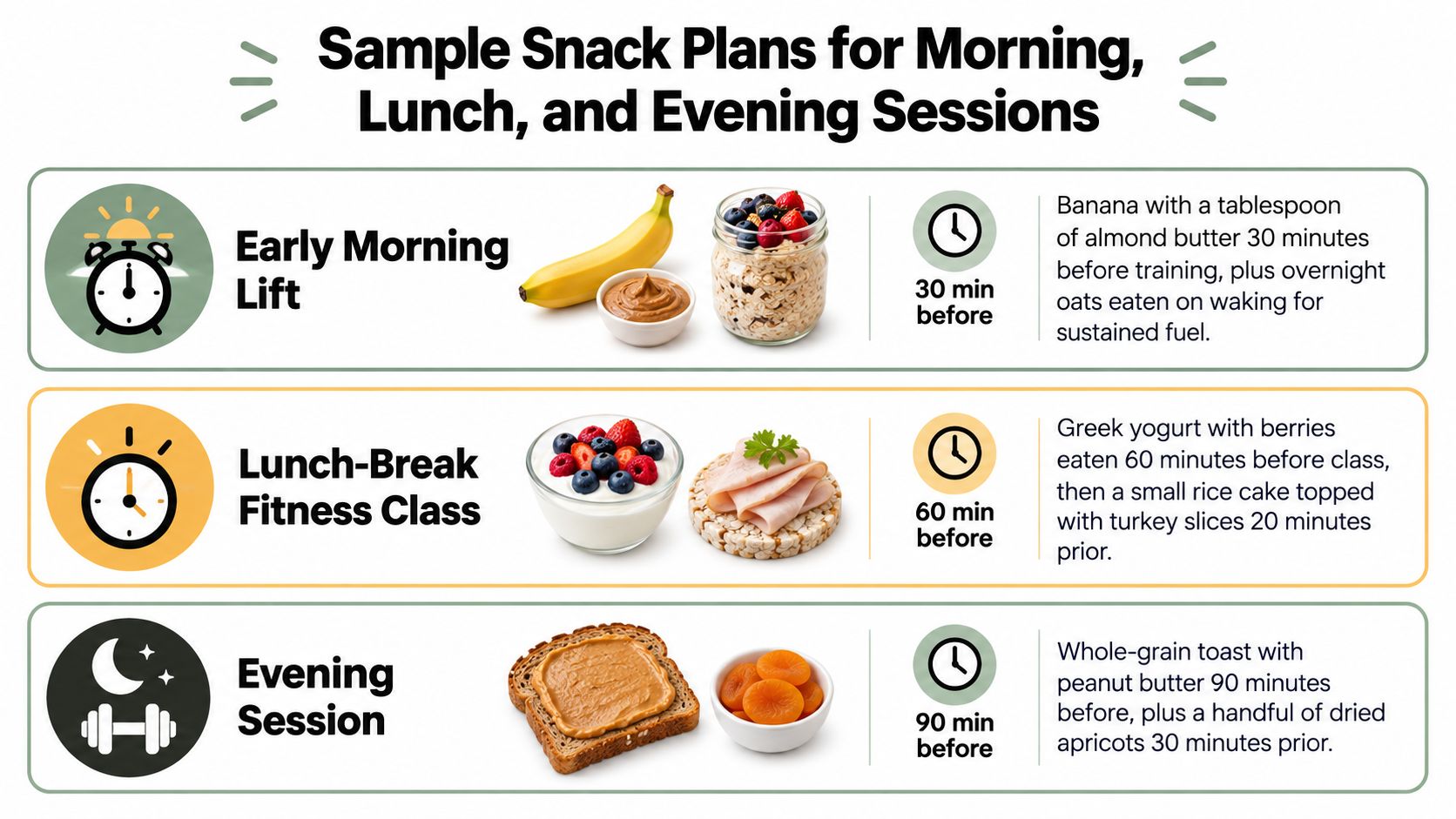 A visual guide showing three recommended snack plans for different workout times during the day.