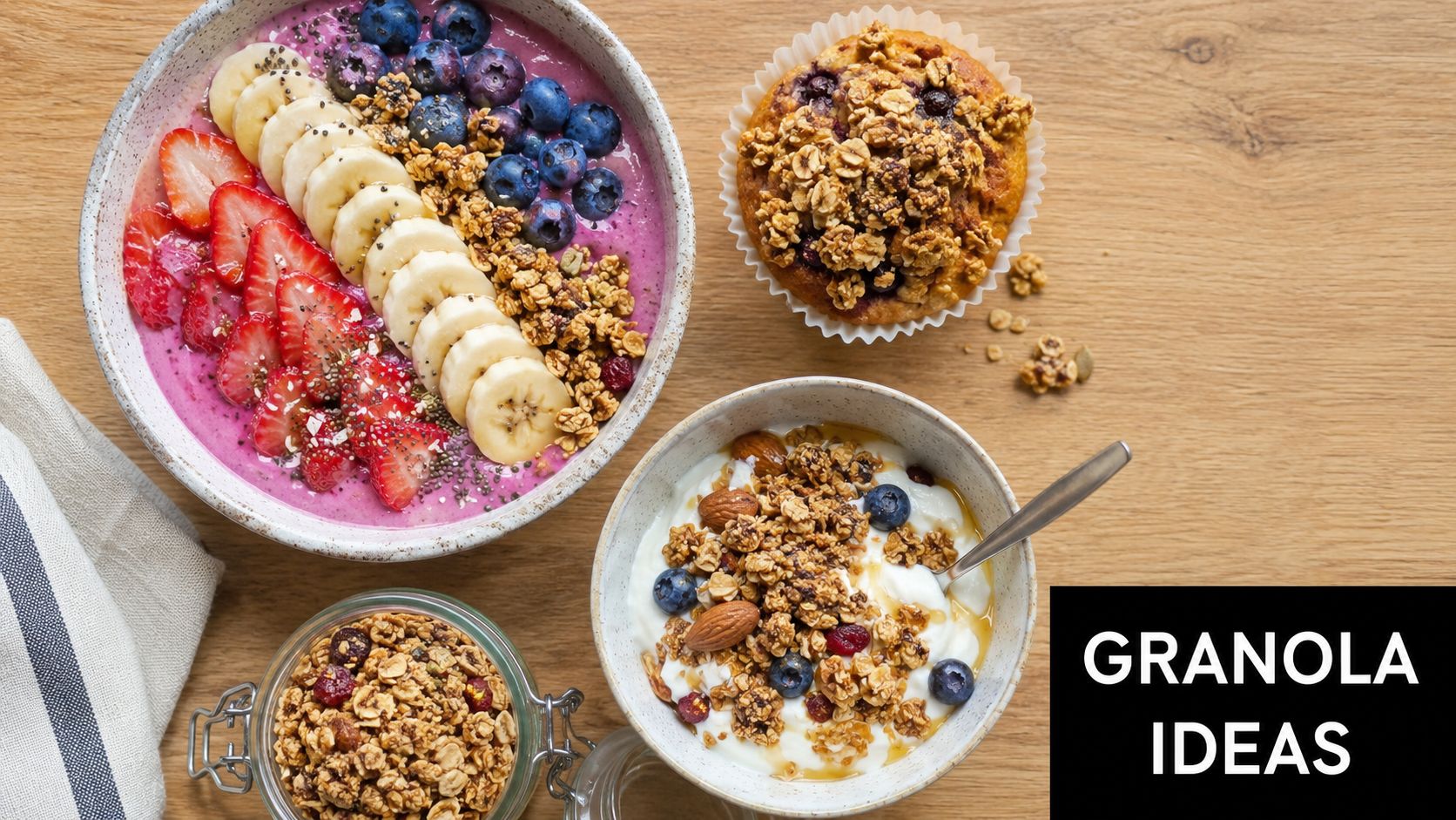 A top-down view of breakfast bowls featuring fruit smoothie, yogurt with granola, and a blueberry muffin.
