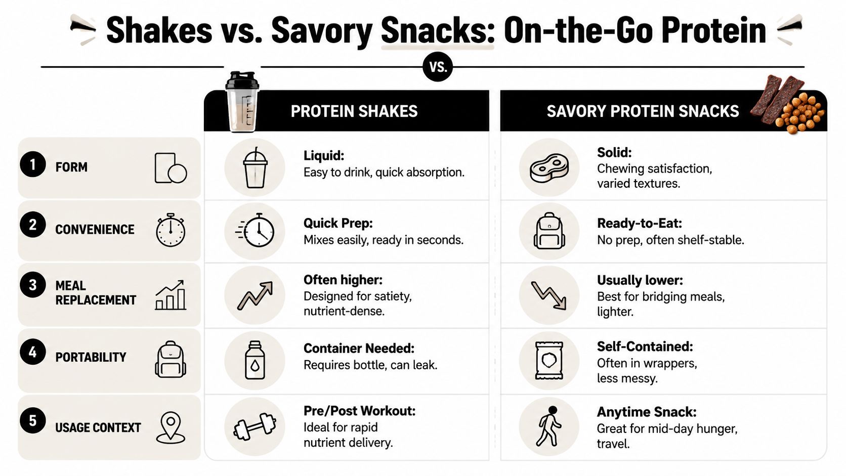 A comparison chart outlining the differences between protein shakes and savory protein snacks for on-the-go nutrition.