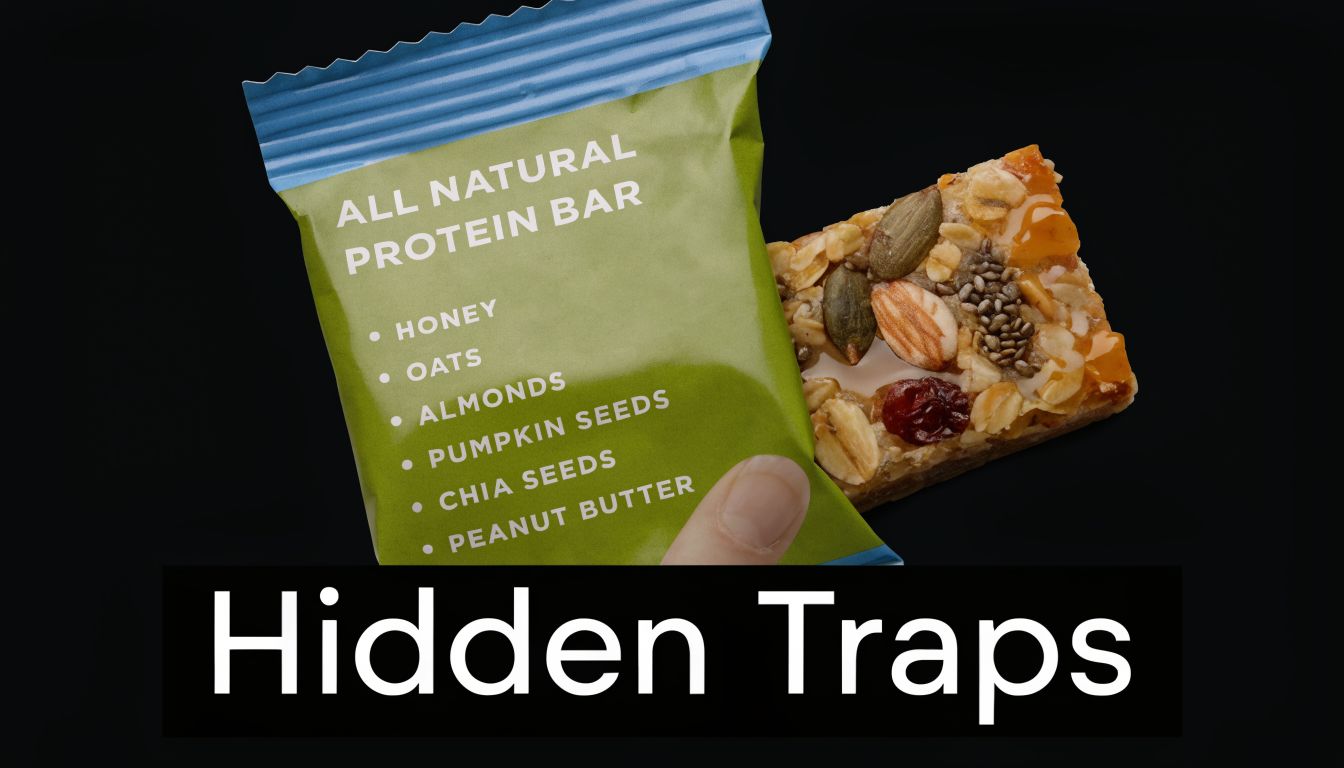 A hand holding a green protein bar wrapper next to a healthy granola bar with seeds.
