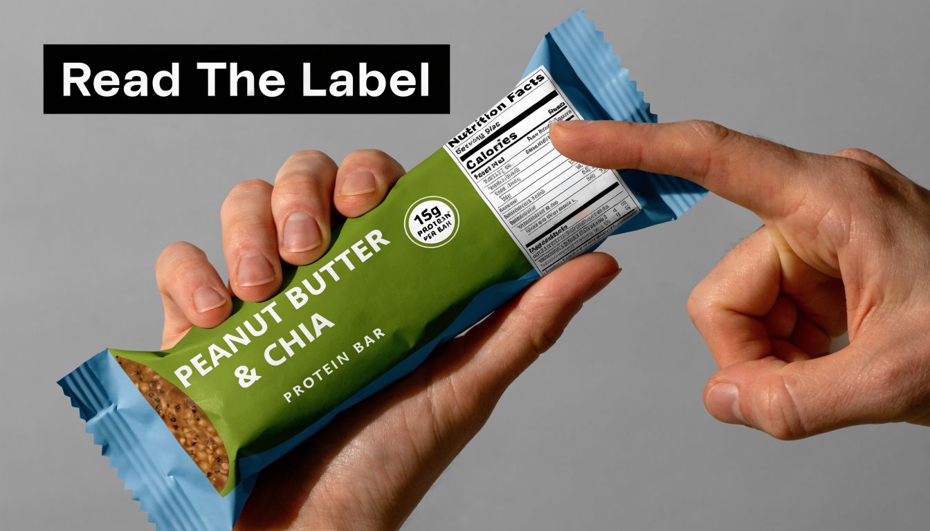 A hand holding a Peanut Butter and Chia protein bar while pointing at the nutrition label.