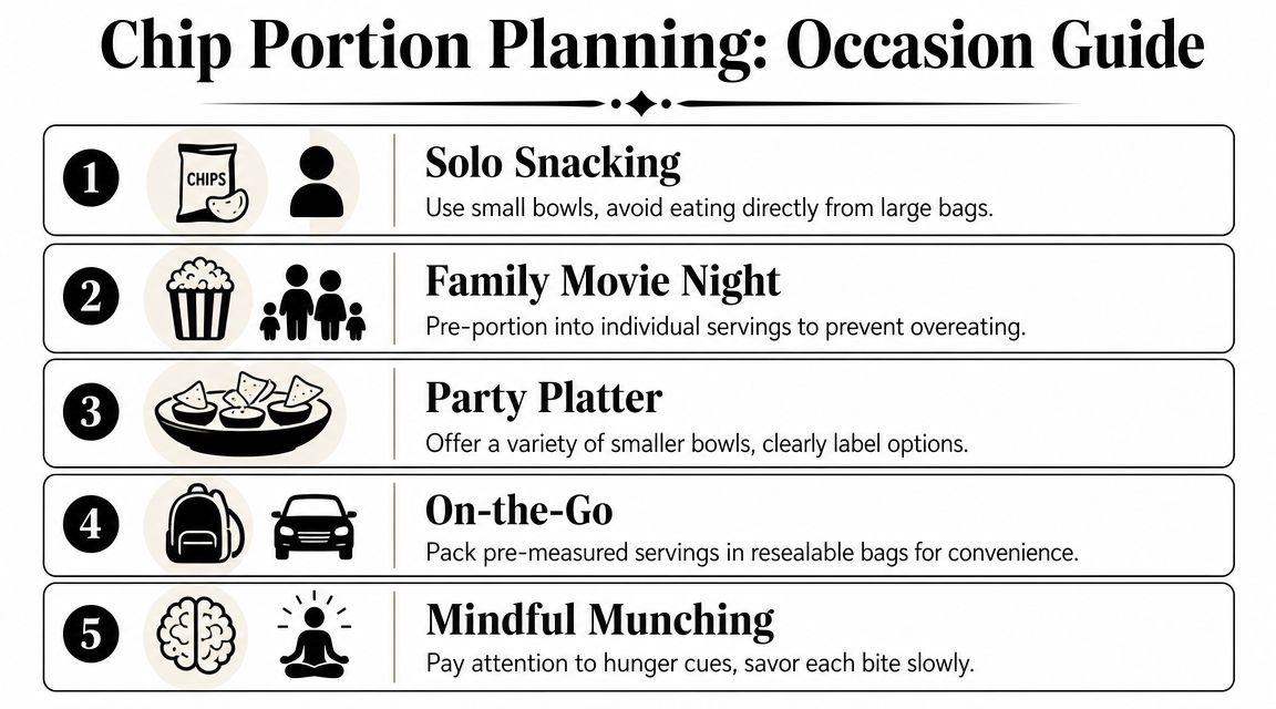 An infographic titled Chip Portion Planning Occasion Guide featuring five tips for healthier snacking habits.