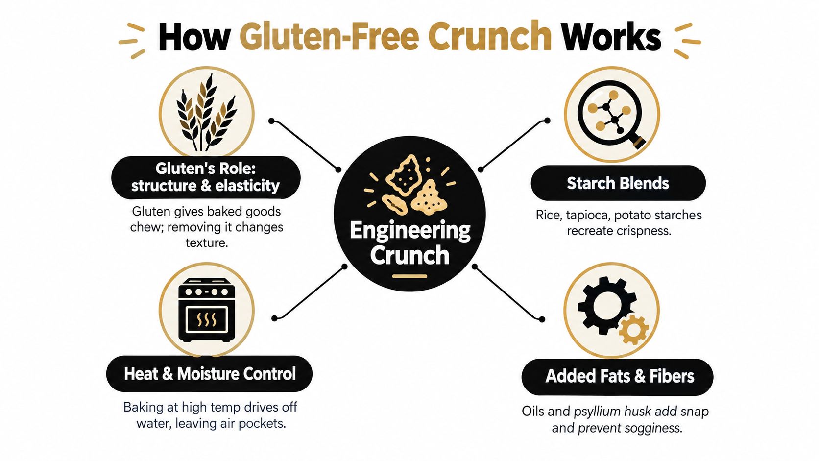A diagram explaining how gluten-free products are engineered to achieve a crunchy texture through science.