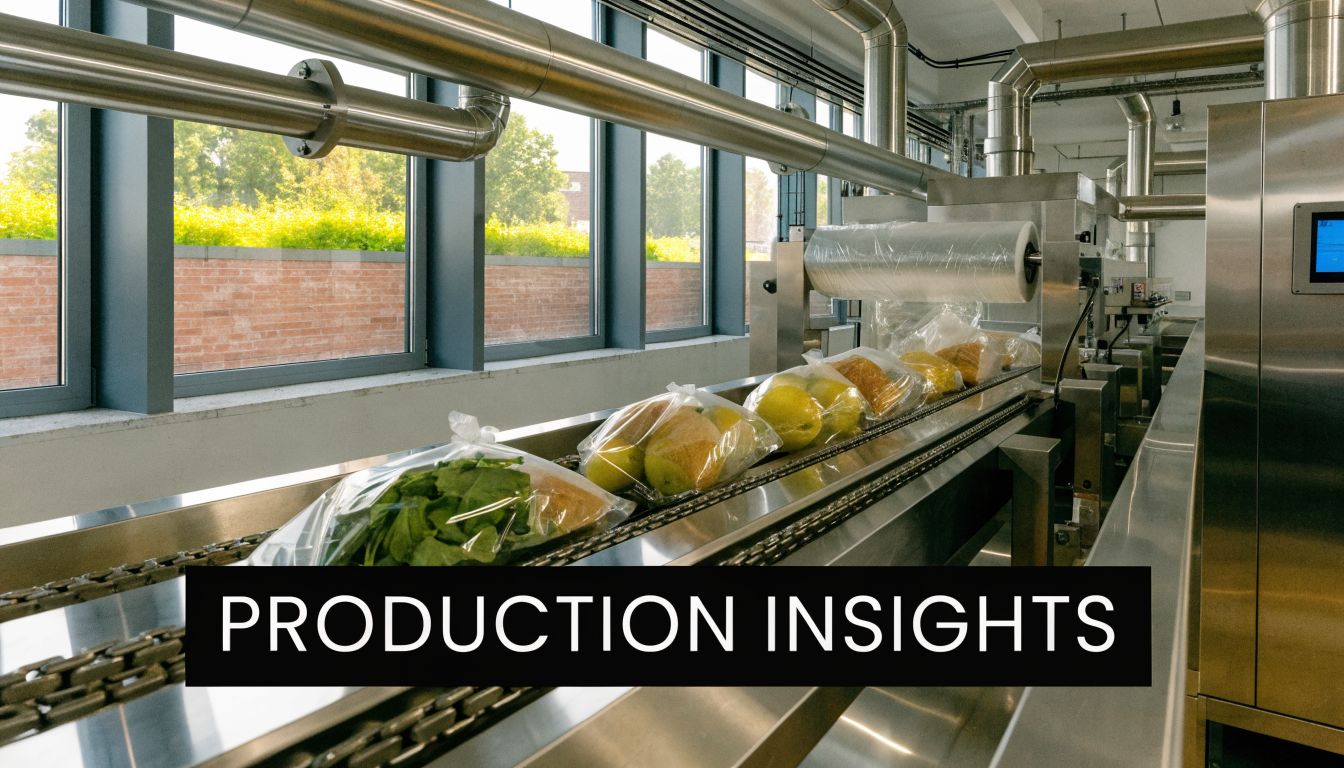 A food packaging conveyor belt processing various items in plastic bags inside a modern industrial facility.