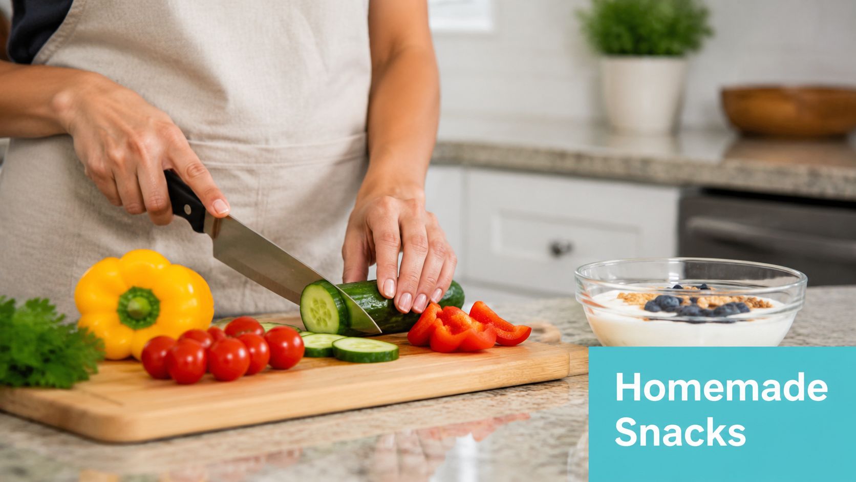 A person wearing an apron slicing a cucumber on a wooden cutting board with vegetables and yogurt.