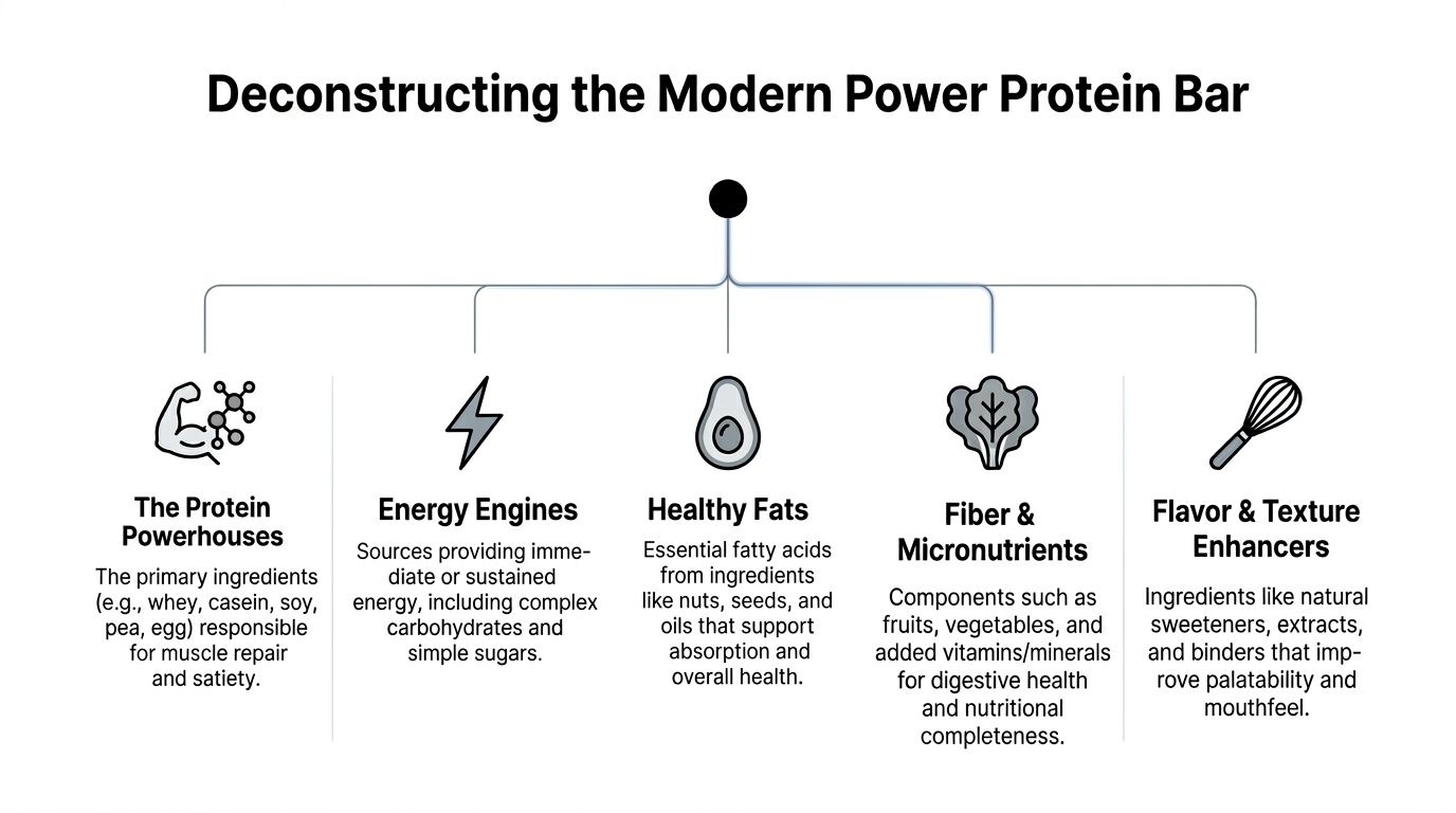 A diagram deconstructing the components of a modern protein bar into five key categories and their functions.