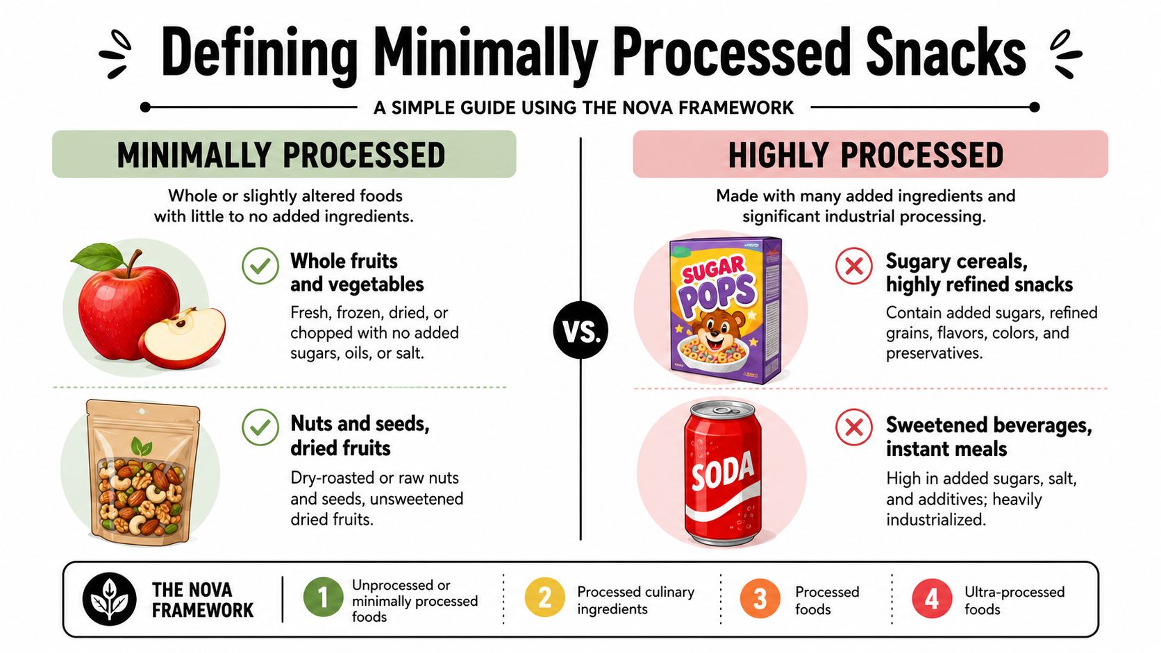 A comparison guide showing the difference between minimally processed whole foods and highly processed snack items.