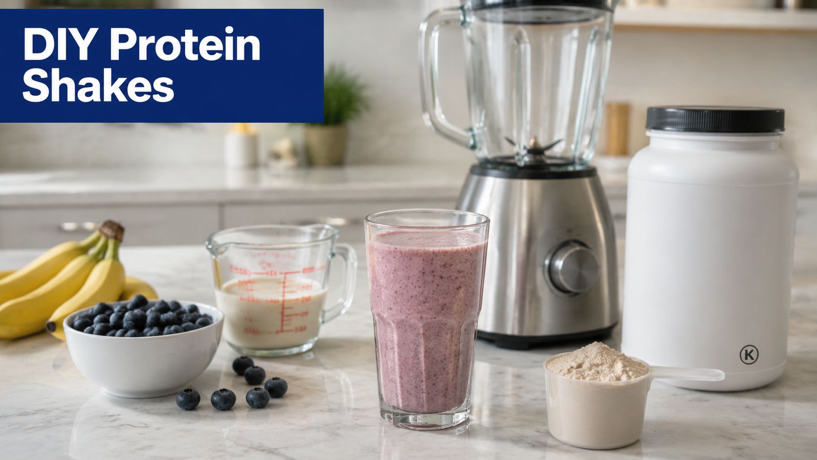 A protein shake recipe scene featuring a blender, bananas, blueberries, milk, and a scoop of protein powder.