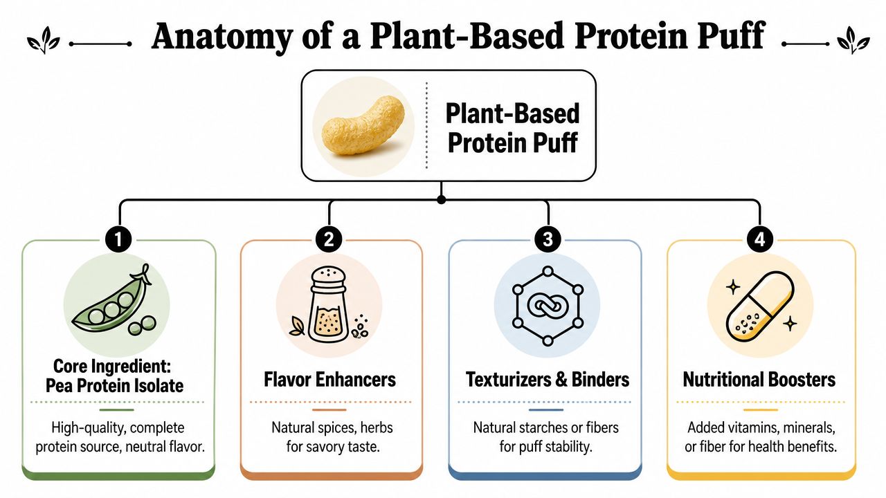 A diagram illustrating the four main components of a plant-based protein puff snack.