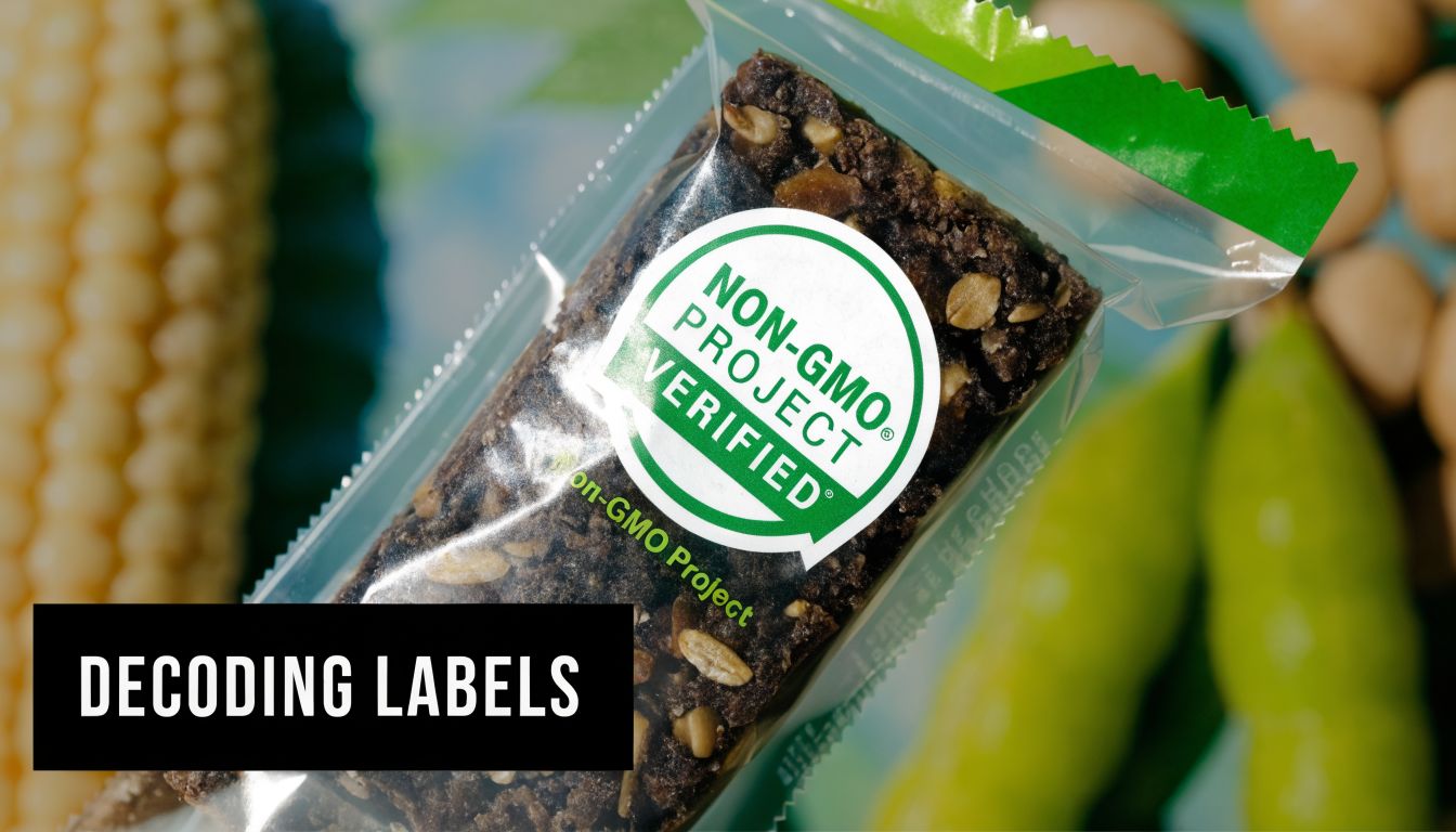 A close up view of a granola protein bar in plastic packaging featuring the Non-GMO Project Verified label.