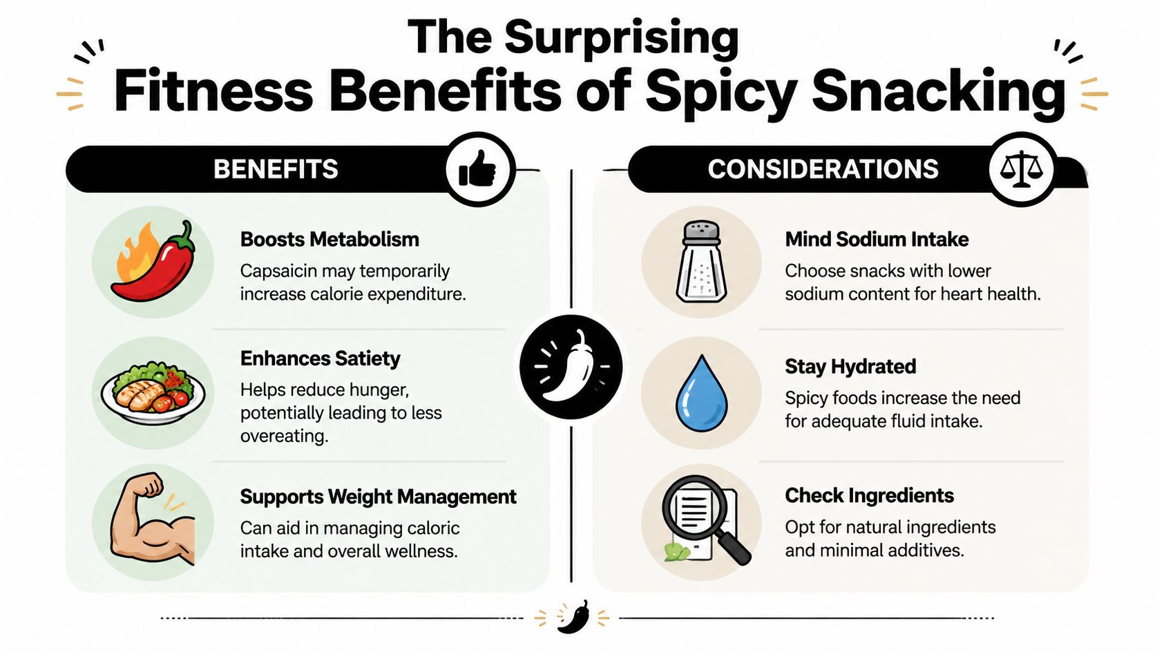 An infographic titled The Surprising Fitness Benefits of Spicy Snacking outlining health advantages and consumption considerations.
