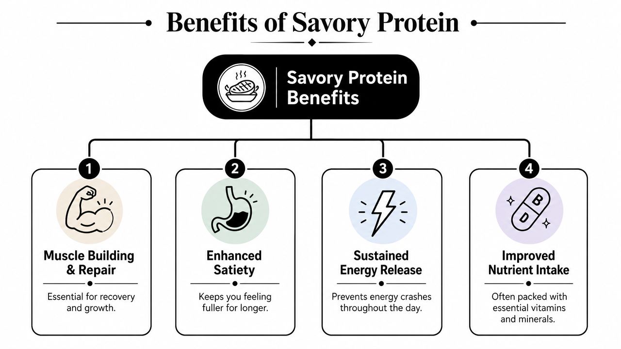An infographic titled Benefits of Savory Protein, highlighting muscle growth, satiety, energy levels, and nutrient intake.