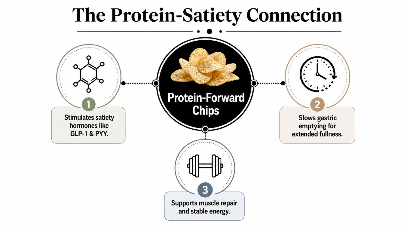 An infographic titled The Protein-Satiety Connection explaining the health benefits of protein-forward chips for satiety and energy.
