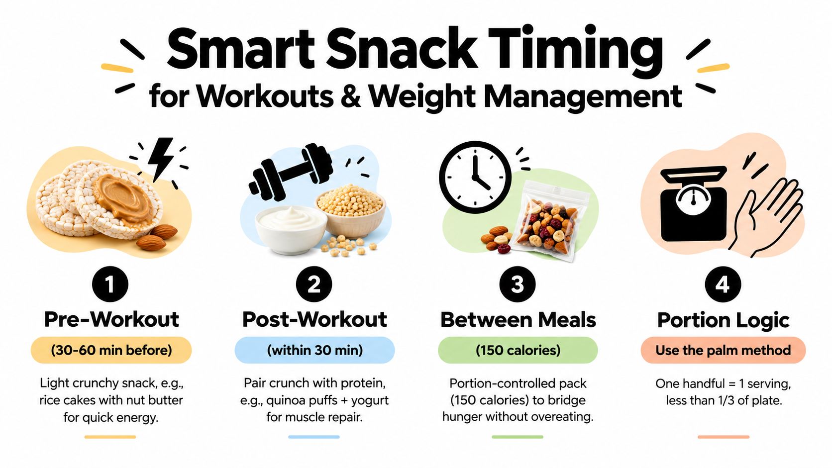 An infographic titled Smart Snack Timing offering tips for workout nutrition and portion control for weight management.
