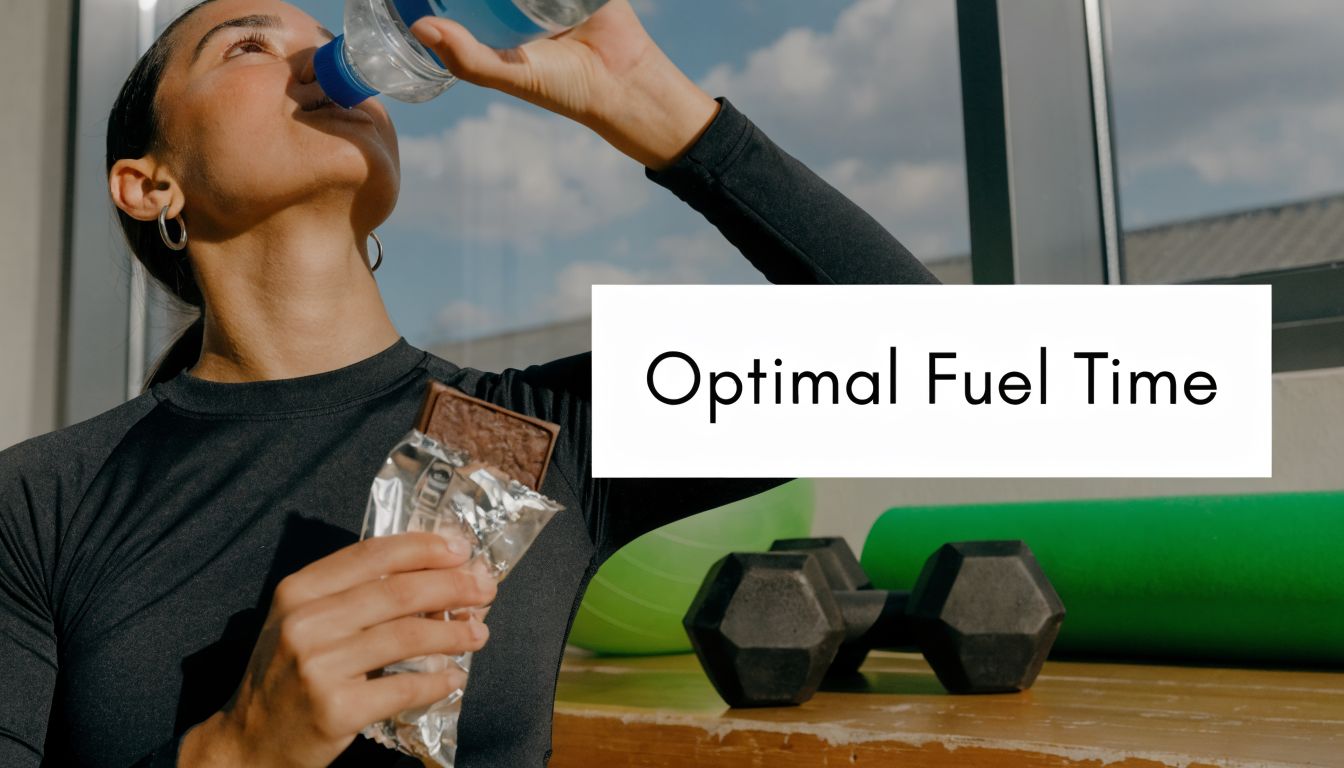 A woman in athletic wear drinks water and holds a protein bar after a workout session.