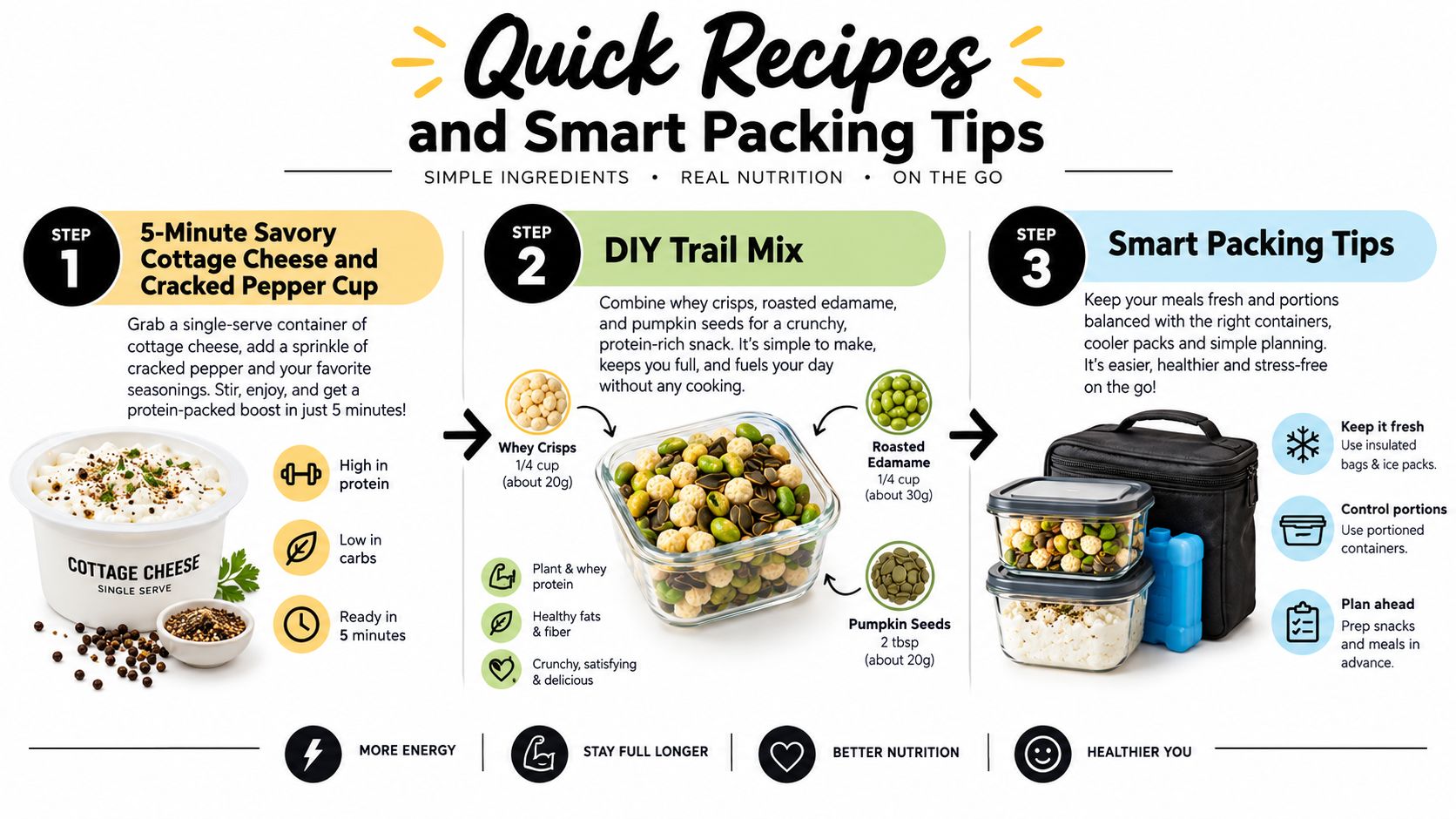 An infographic showing steps for preparing healthy portable high protein snacks and smart meal packing tips.