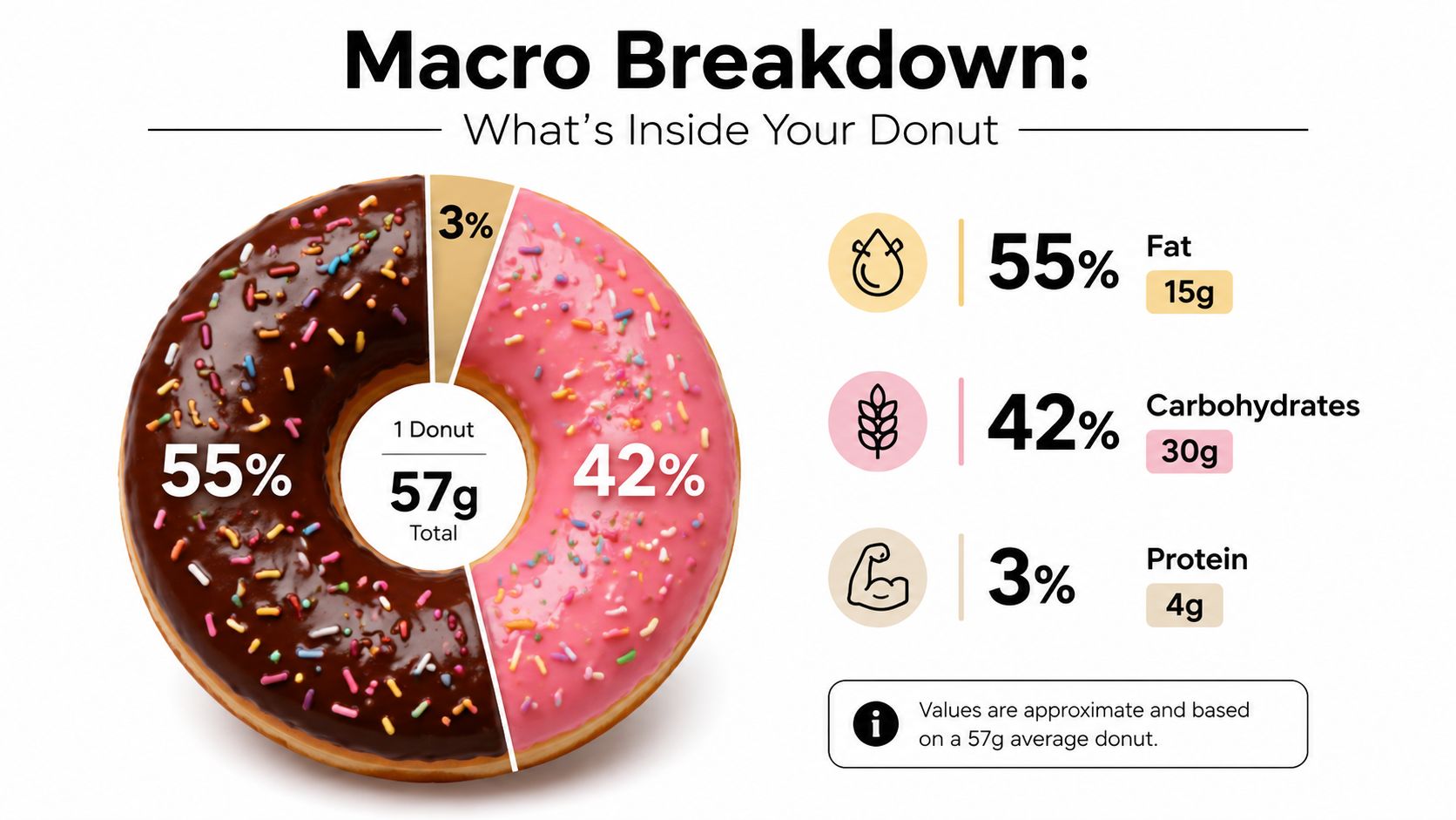 An infographic showing the nutritional macro breakdown of a 57-gram chocolate covered donut with percentages and gram counts.