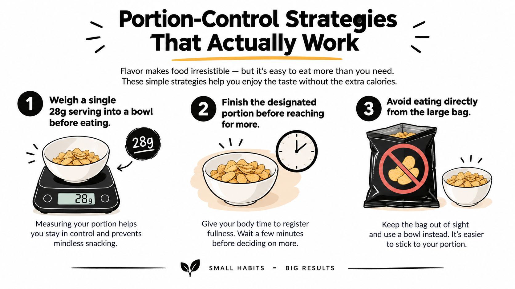An infographic showing three effective portion-control strategies for snacking to help reduce unnecessary calorie intake.