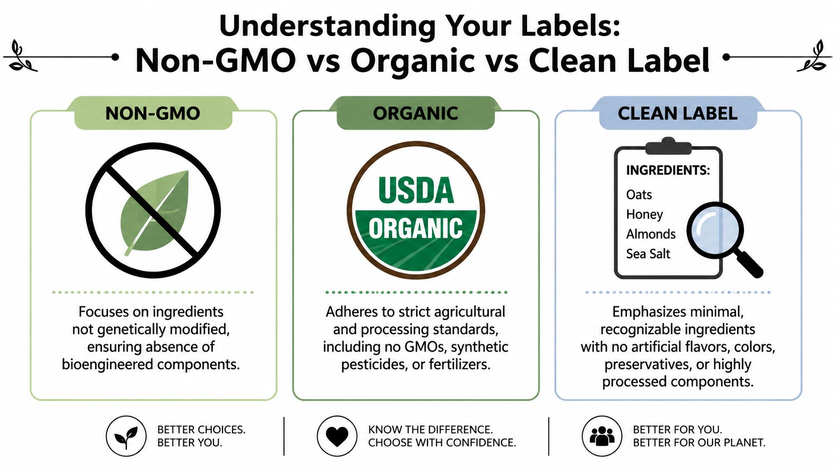 An educational graphic comparing Non-GMO, Organic, and Clean Label food certifications and their definitions.