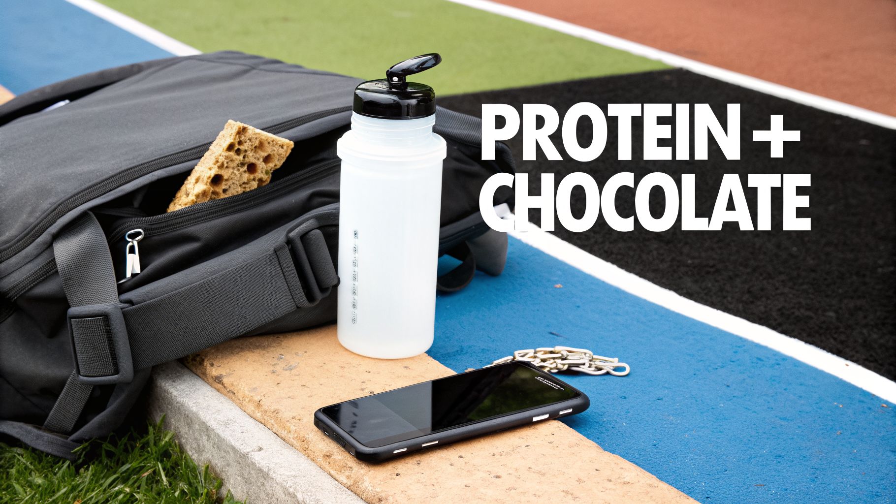 A black sports bag, water bottle, phone, and protein bar on a track with 'PROTEIN + CHOCOLATE' text.