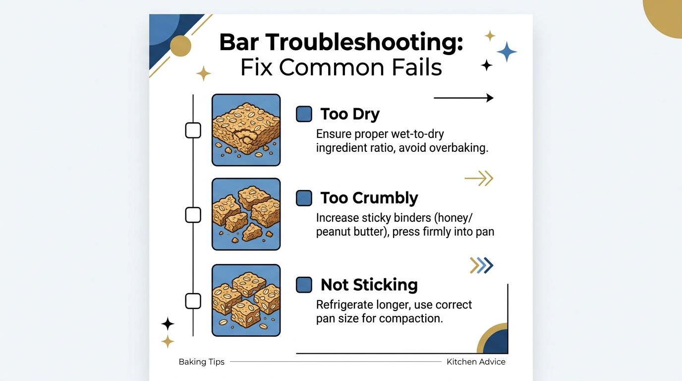 An infographic titled Bar Troubleshooting providing solutions for fixing dry, crumbly, or non-sticking oat bars.
