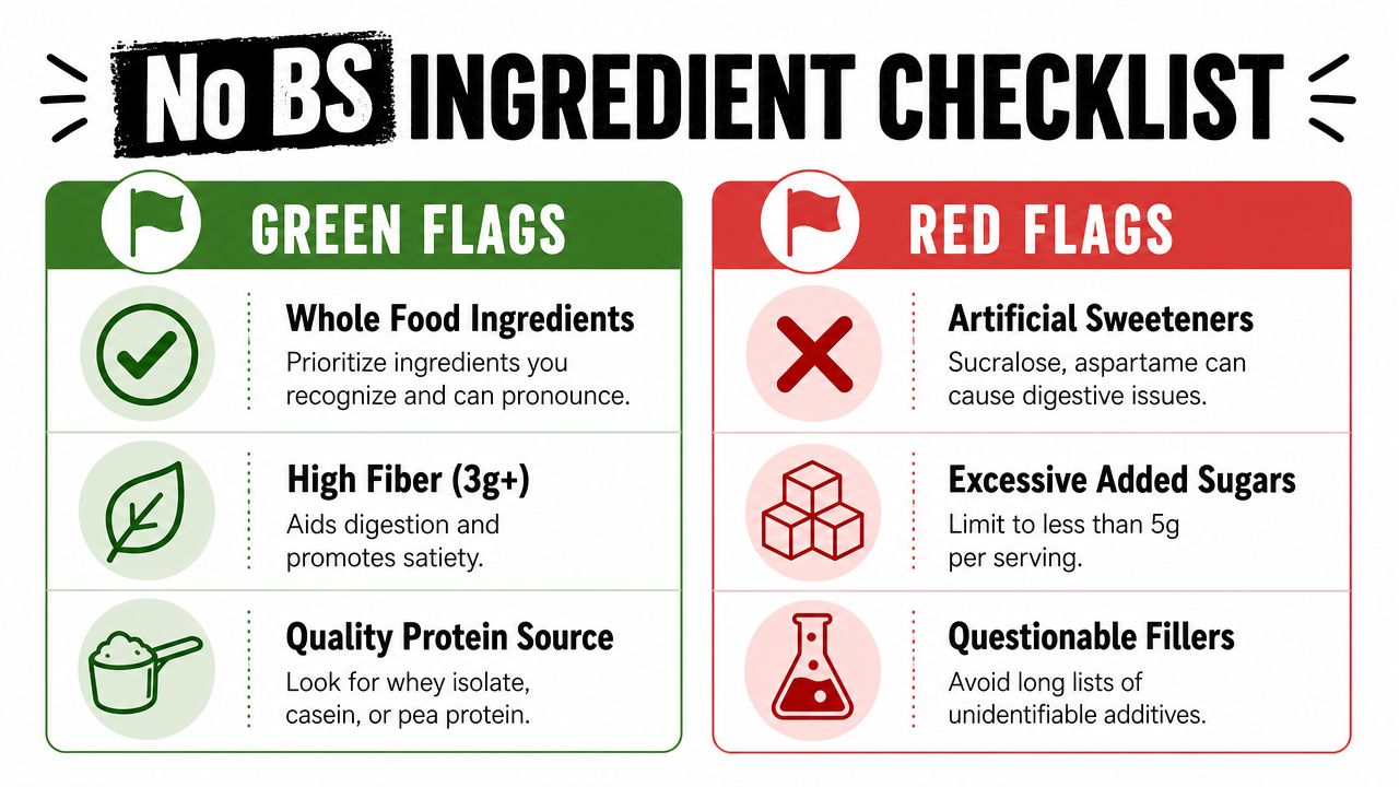 An infographic showing a No BS ingredient checklist with green flag recommendations and red flag warnings.