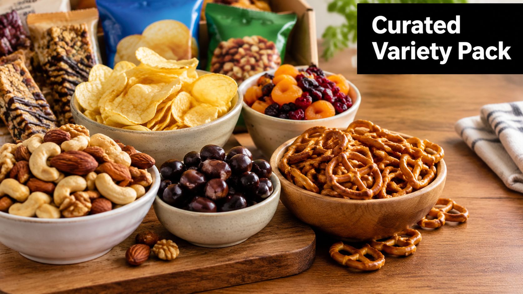 A wooden table featuring a variety pack of healthy snacks, including nuts, pretzels, dried fruit, and chips.