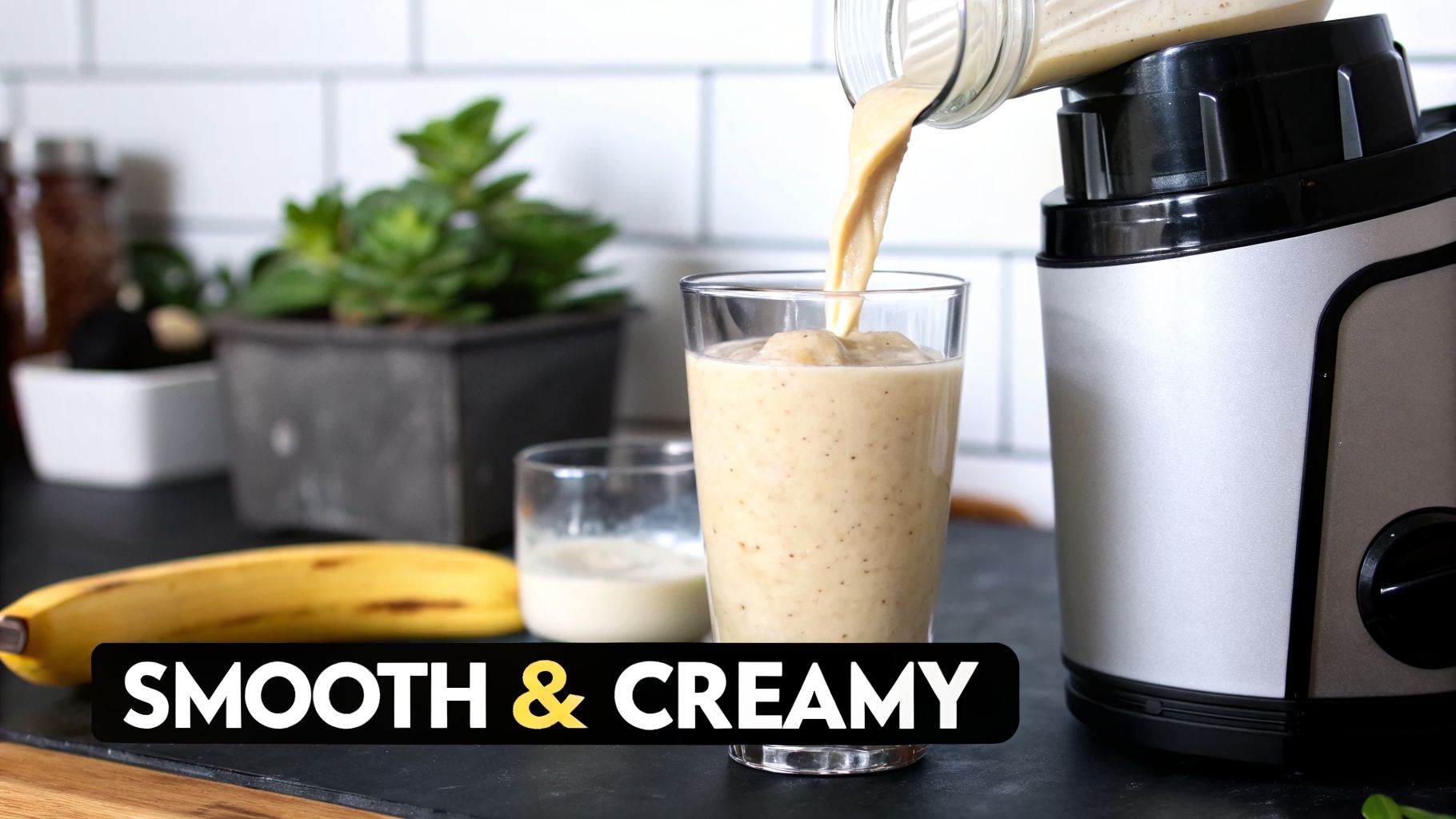 Creamy banana smoothie being poured into a glass, with a banana and blender nearby on a kitchen counter.