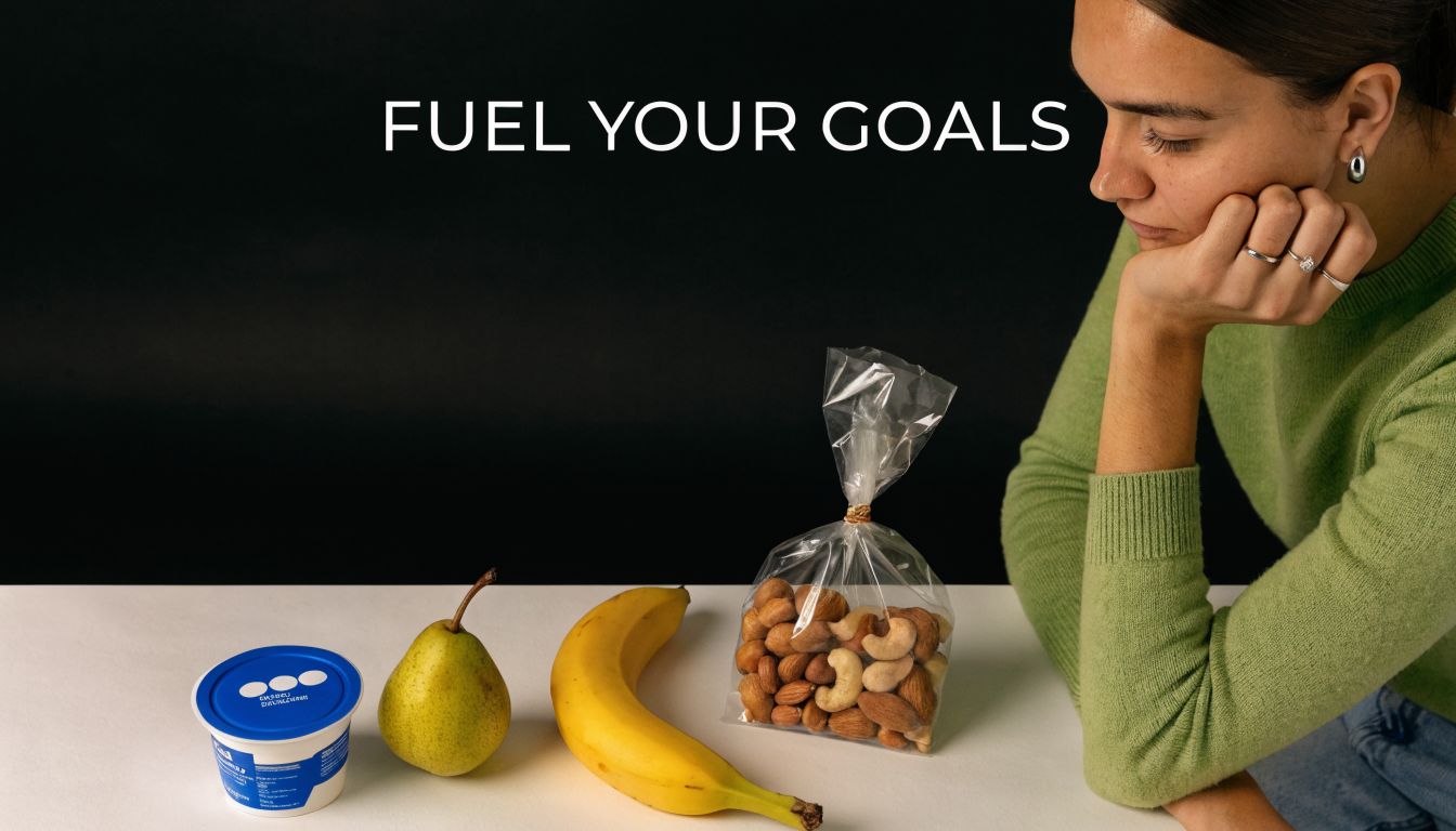 A woman looks at healthy snack options including yogurt, a pear, a banana, and a bag of nuts.